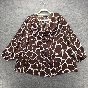 Ashley Stewart Shirt Womens Plus 14/16 Brown Giraffe Print Cowl Neck Long Sleeve